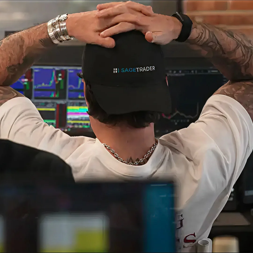 A SageTrader trader at a multi-monitor trading desk