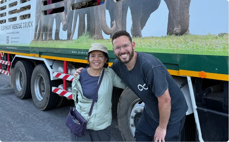 Boon Lom the elephant beside the Elephant Rescue Truck